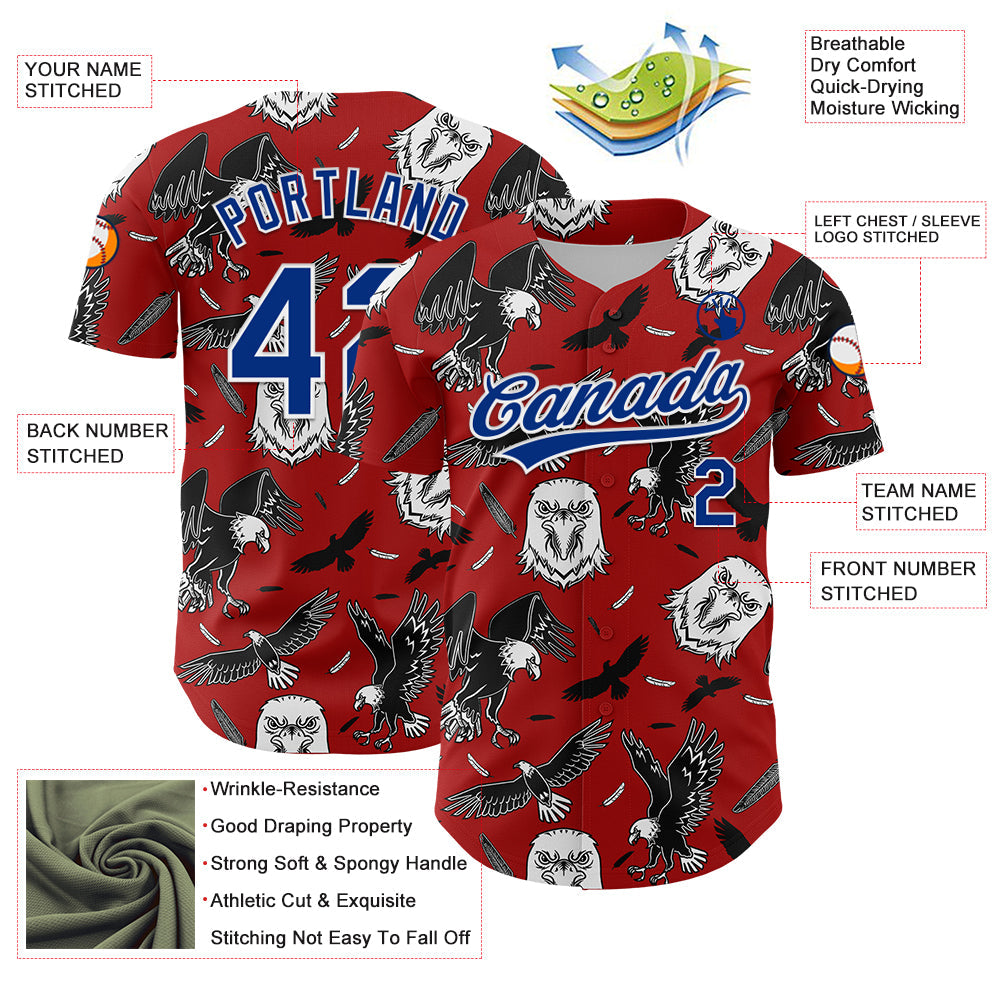 Custom Red Royal-White 3D Pattern Design American Eagle Authentic Baseball Jersey view 3