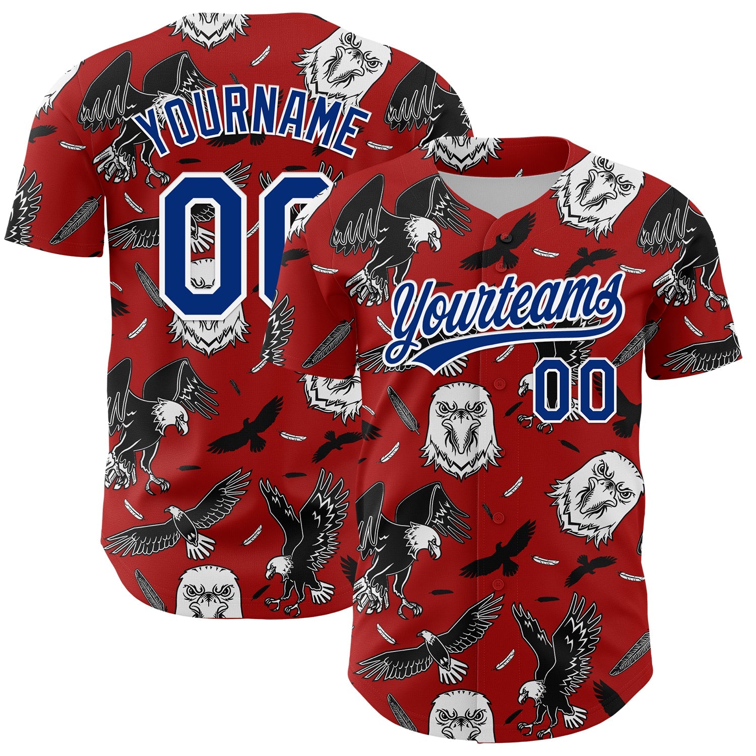 Custom Red Royal-White 3D Pattern Design American Eagle Authentic Baseball Jersey - Main View