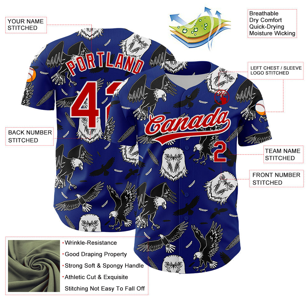 Custom Royal Red-White 3D Pattern Design American Eagle Authentic Baseball Jersey view 3
