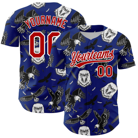 Custom Royal Red-White 3D Pattern Design American Eagle Authentic Baseball Jersey - Main View