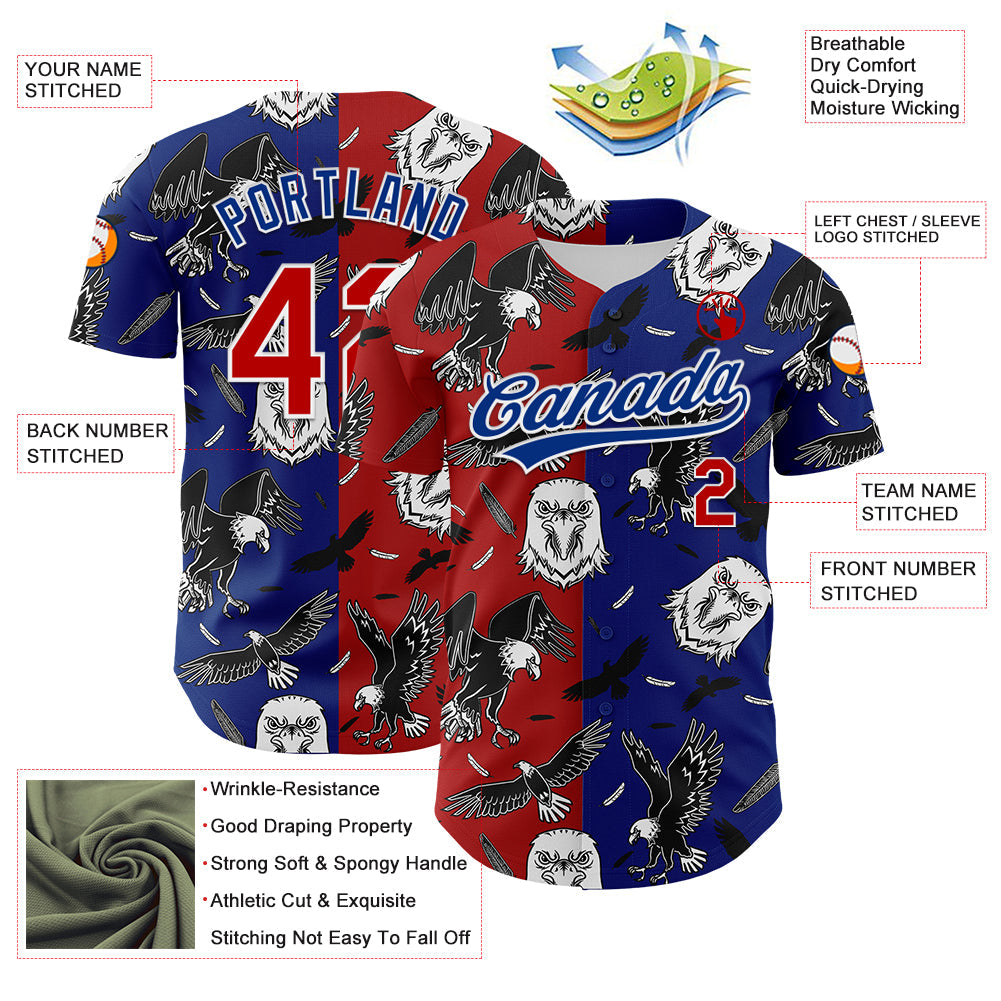 Custom Royal Red-White 3D Pattern Design American Eagle Authentic Baseball Jersey view 3