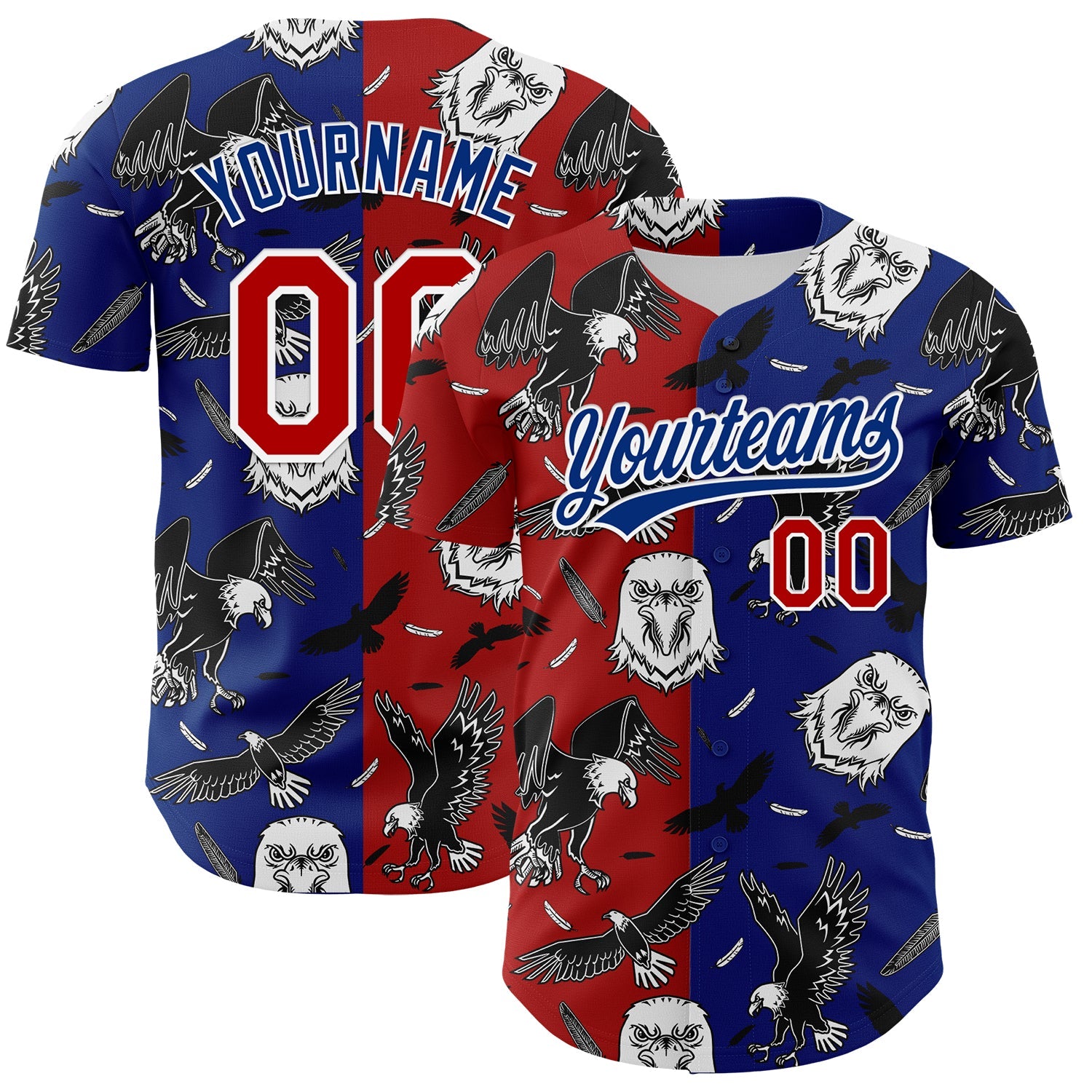 Custom Royal Red-White 3D Pattern Design American Eagle Authentic Baseball Jersey - Main View
