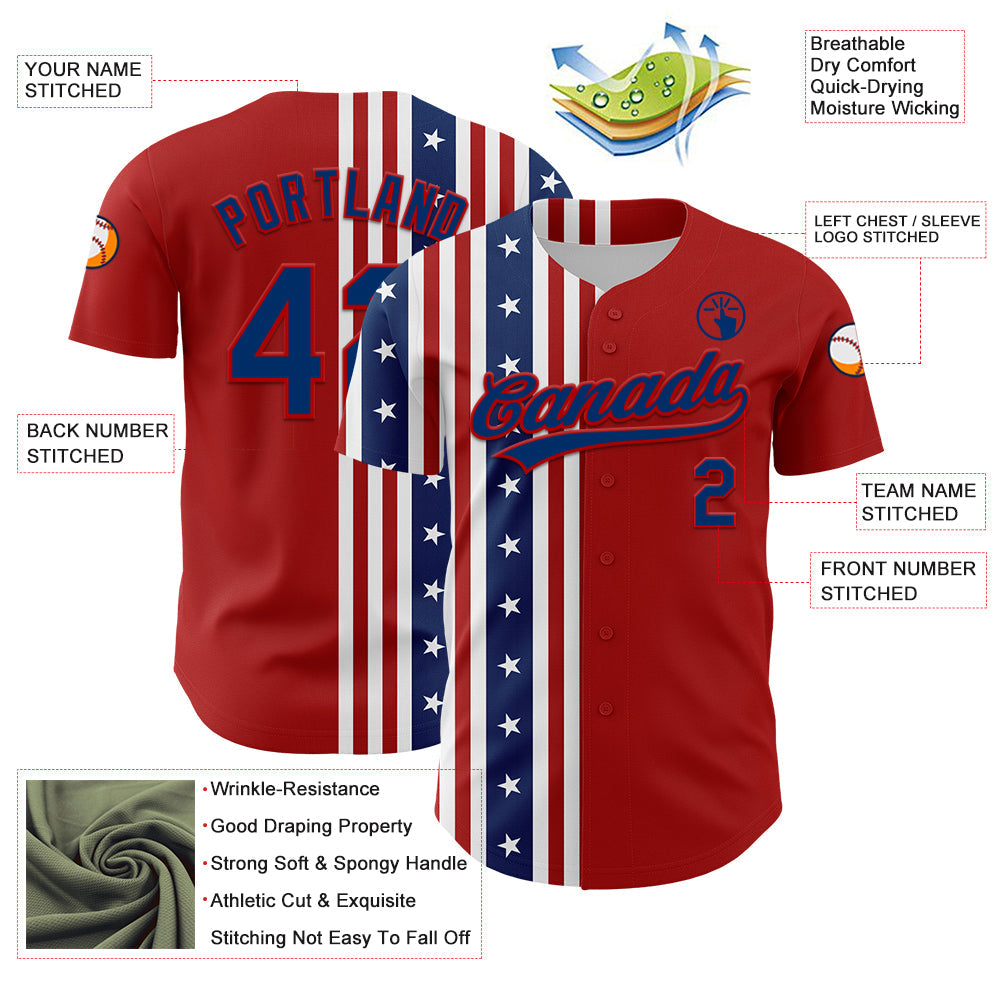 Custom Red US Navy Blue 3D American Flag And Star Authentic Baseball Jersey view 3