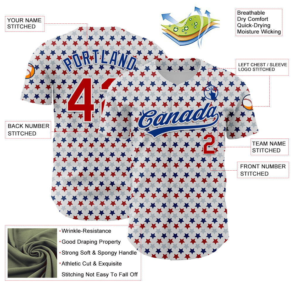 Custom White Red-Royal 3D Pattern Design Star Authentic Baseball Jersey view 3