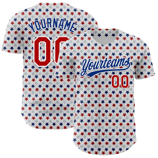 Custom White Red-Royal 3D Pattern Design Star Authentic Baseball Jersey - Main View