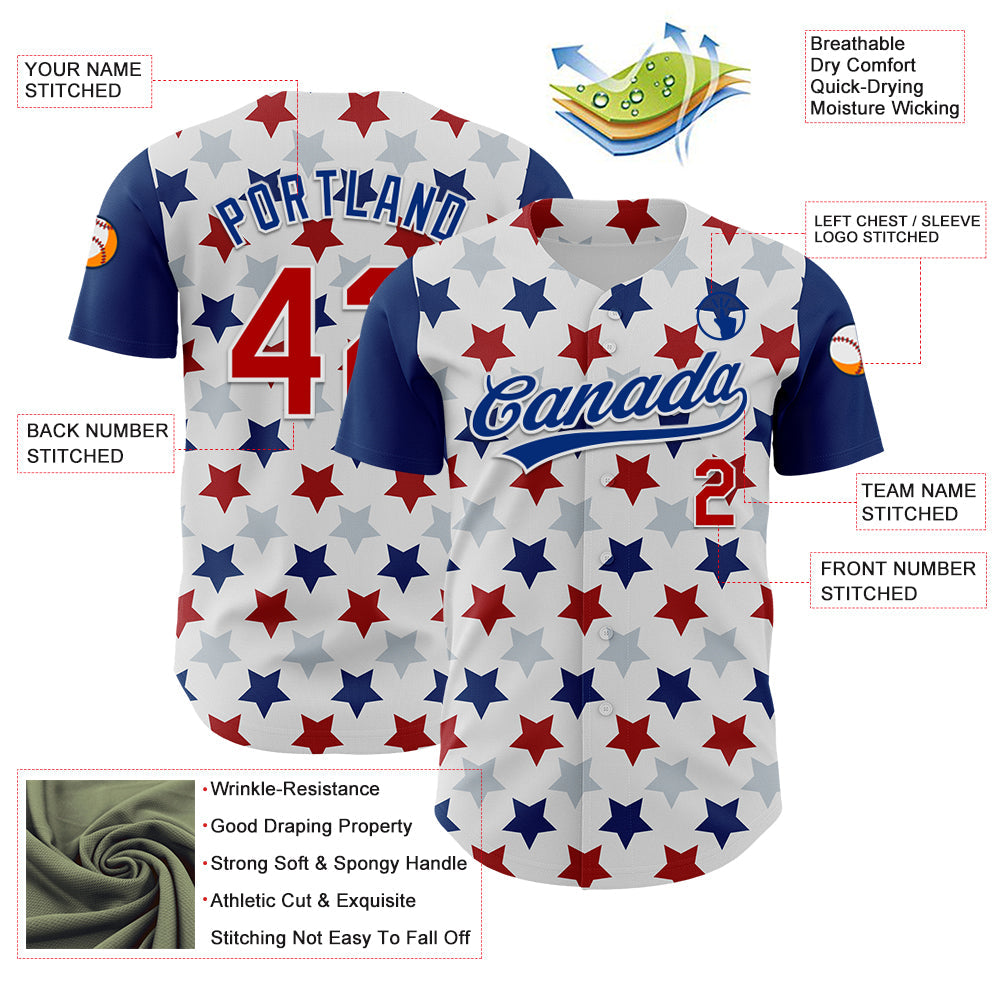 Custom White Red-Royal 3D Pattern Design Star Authentic Baseball Jersey view 3