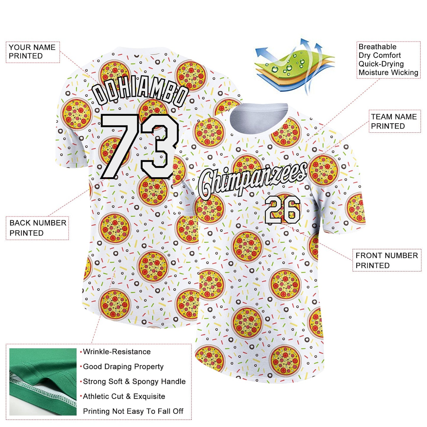 Custom White Black 3D Pattern Design Food Pizza Performance T-Shirt view 2