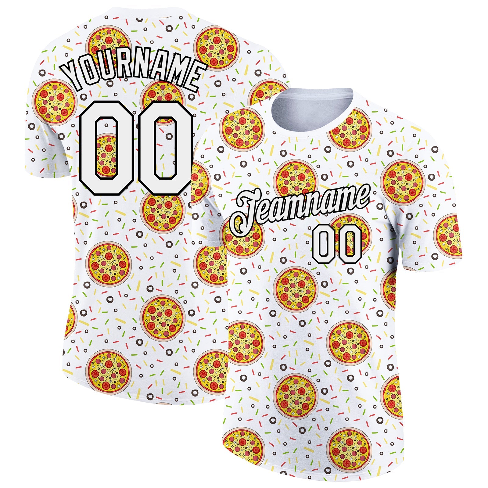 Custom White Black 3D Pattern Design Food Pizza Performance T-Shirt - Main View