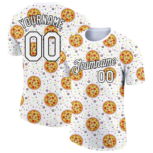 Custom White Black 3D Pattern Design Food Pizza Performance T-Shirt - Main View