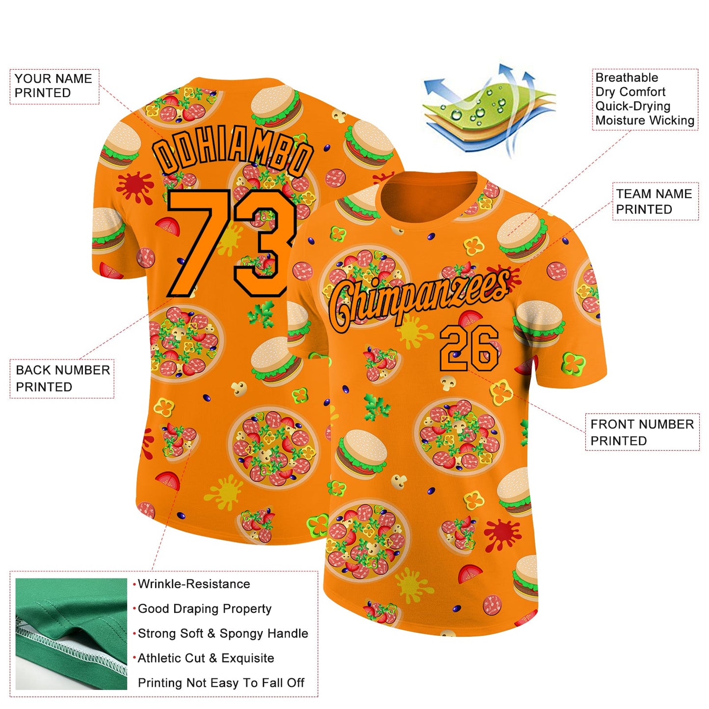 Custom Bay Orange Black 3D Pattern Design Food Pizza And Burger Performance T-Shirt view 2