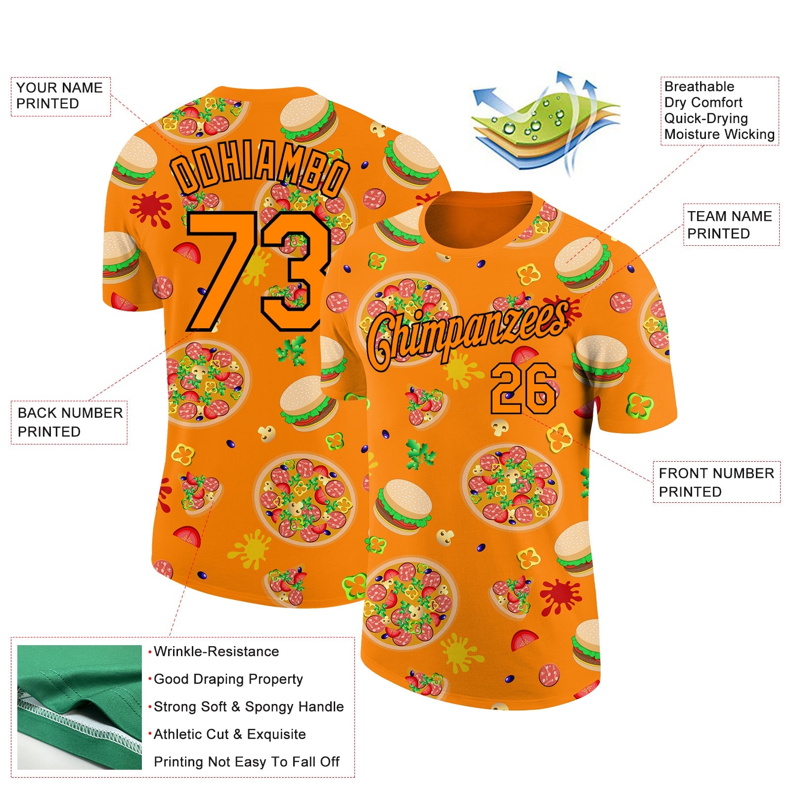 Custom Bay Orange Black 3D Pattern Design Food Pizza And Burger Performance T-Shirt view 2