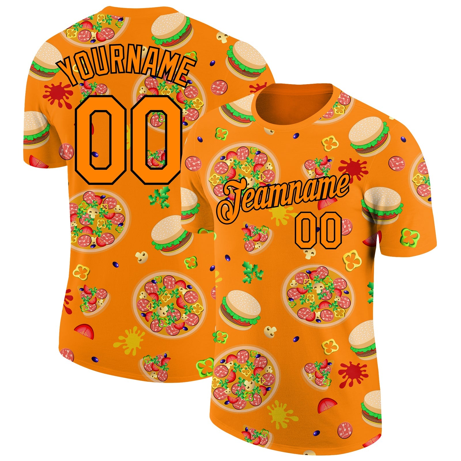 Custom Bay Orange Black 3D Pattern Design Food Pizza And Burger Performance T-Shirt - Main View