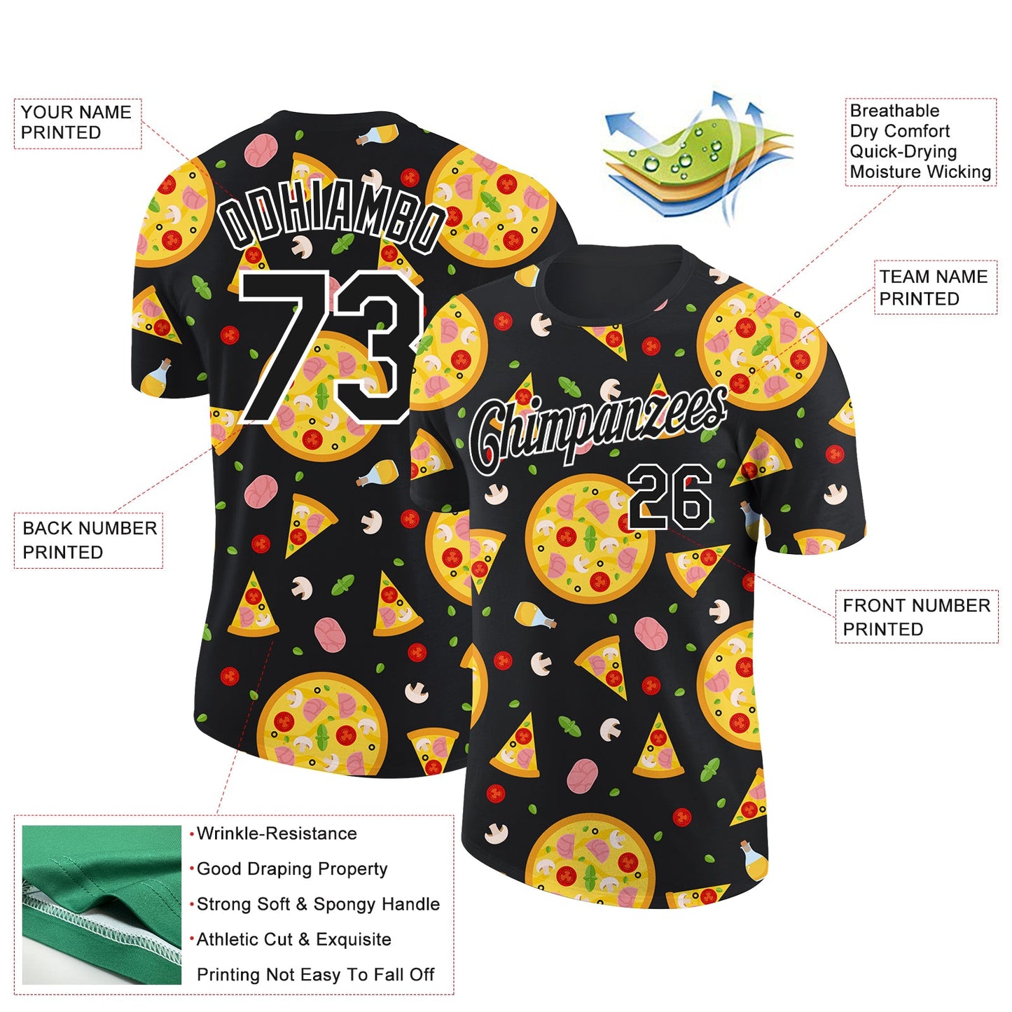 Custom Black White 3D Pattern Design Food Pizza Performance T-Shirt view 2