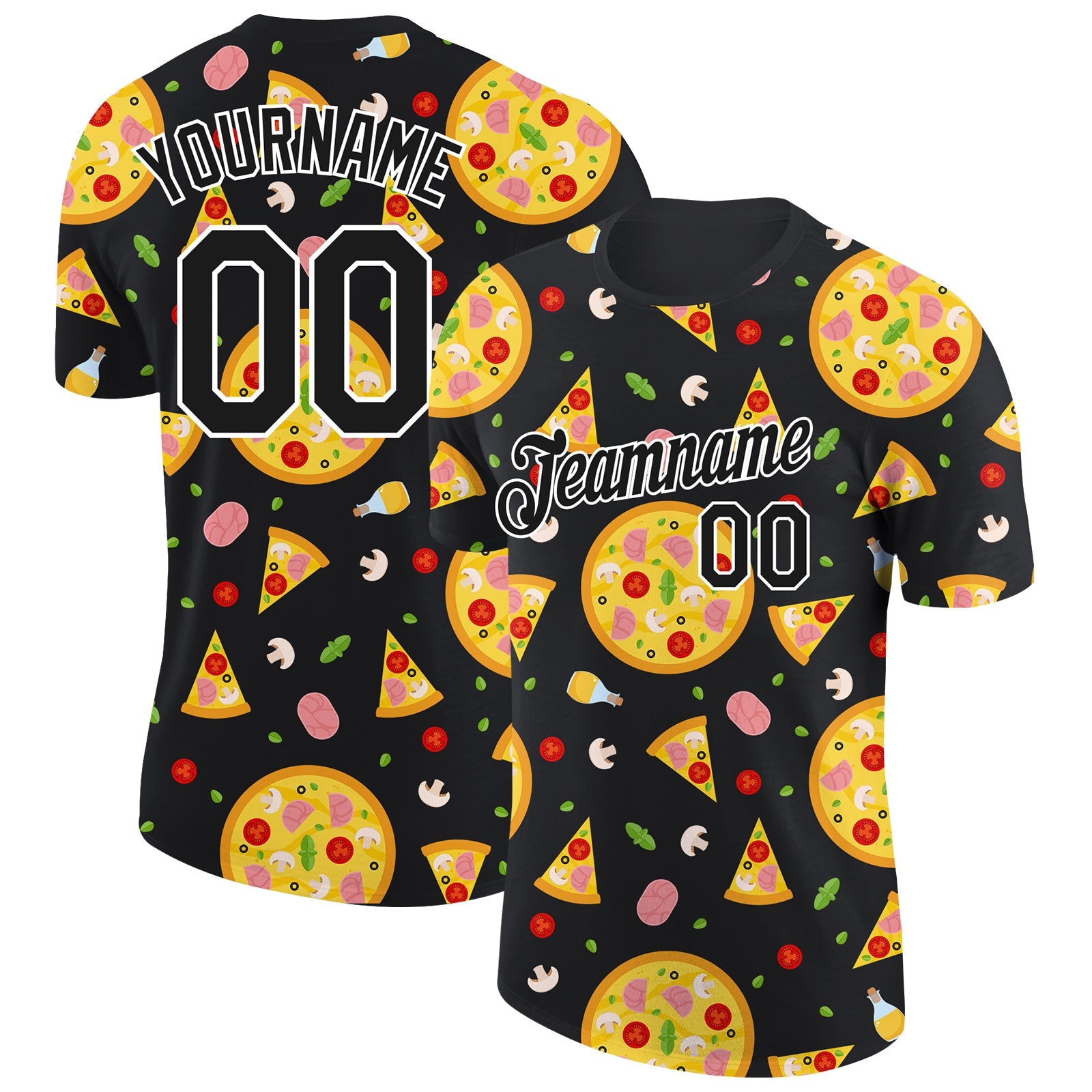 Custom Black White 3D Pattern Design Food Pizza Performance T-Shirt - Main View
