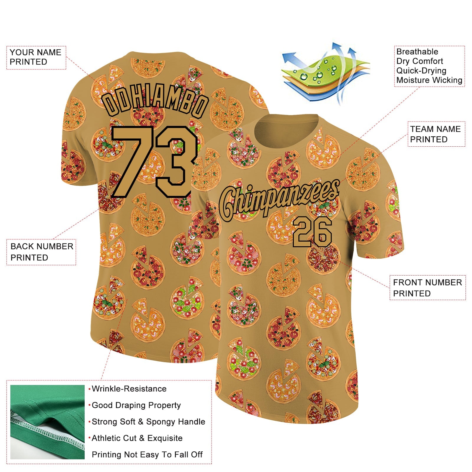 Custom Old Gold Black 3D Pattern Design Food Pizza Performance T-Shirt view 2