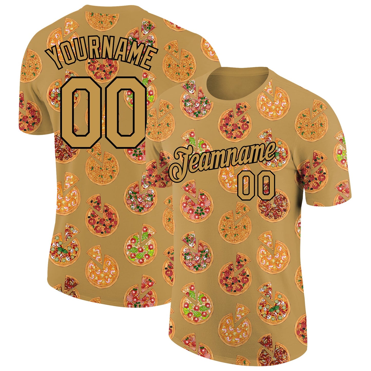 Custom Old Gold Black 3D Pattern Design Food Pizza Performance T-Shirt - Main View