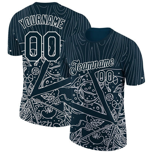 Custom Navy White 3D Pattern Design Food Pizza Performance T-Shirt - Main View