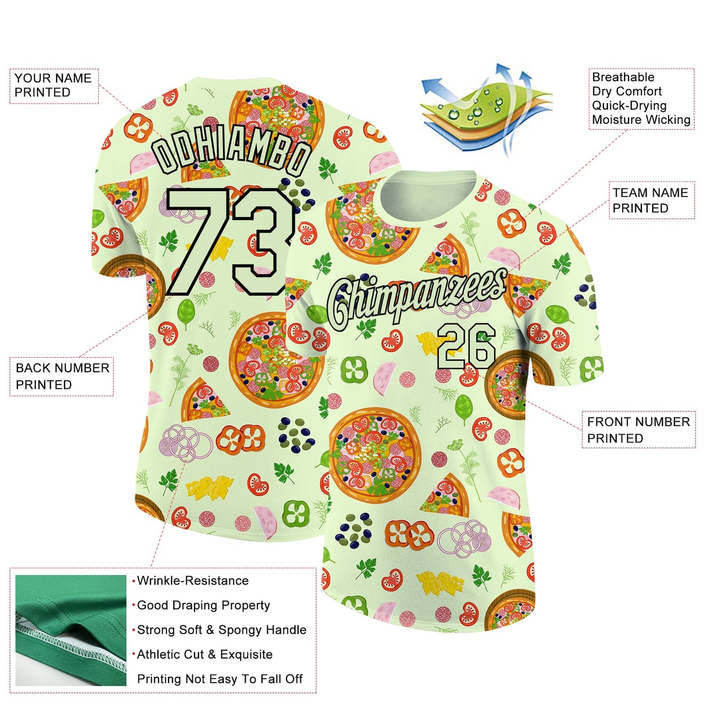 Custom Pea Green Black 3D Pattern Design Food Pizza Performance T-Shirt view 2
