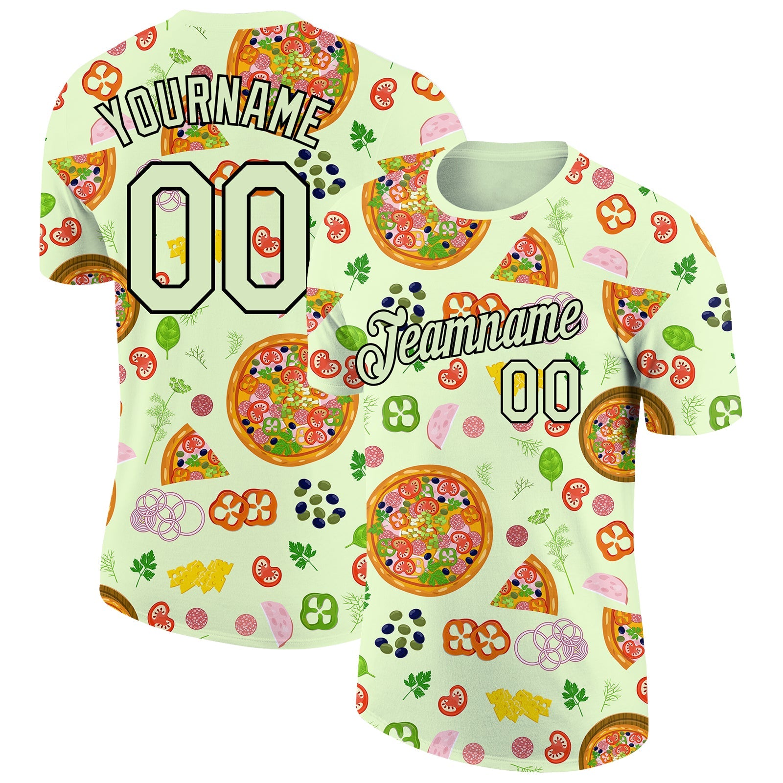 Custom Pea Green Black 3D Pattern Design Food Pizza Performance T-Shirt - Main View