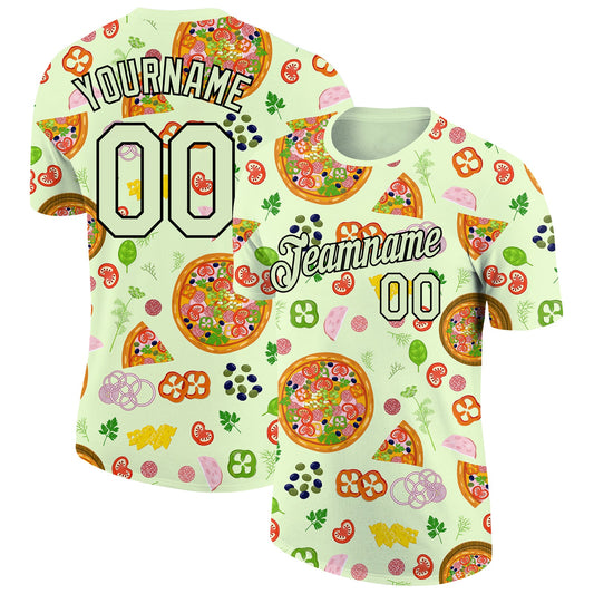 Custom Pea Green Black 3D Pattern Design Food Pizza Performance T-Shirt - Main View