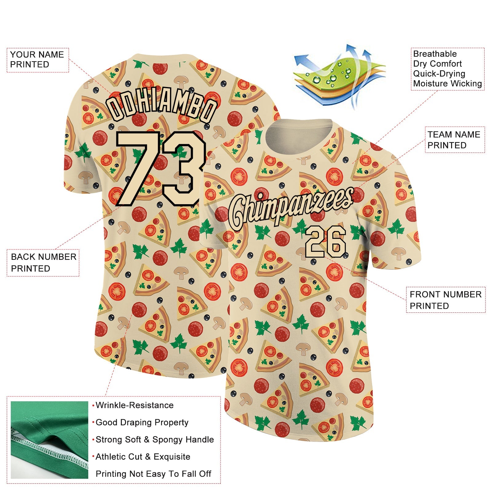 Custom City Cream Black 3D Pattern Design Food Pizza Performance T-Shirt view 2