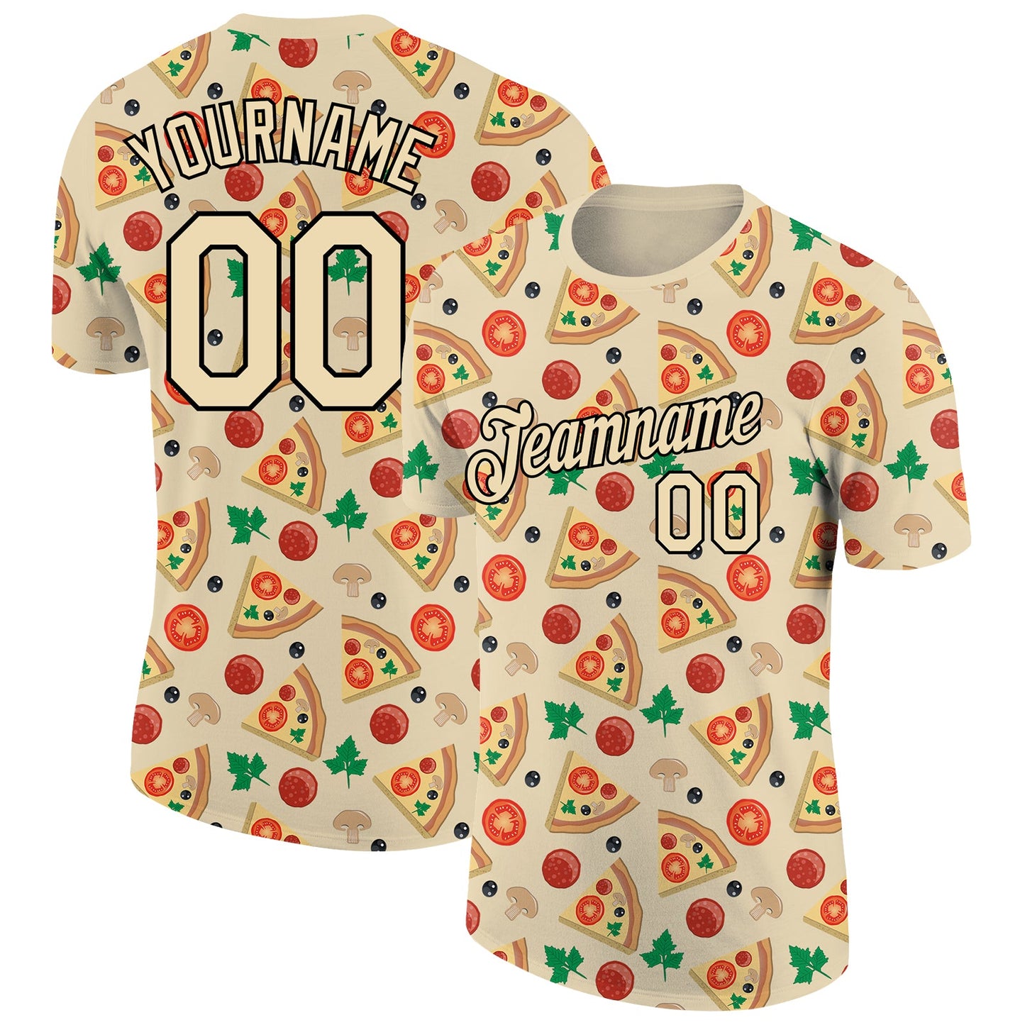 Custom City Cream Black 3D Pattern Design Food Pizza Performance T-Shirt - Main View
