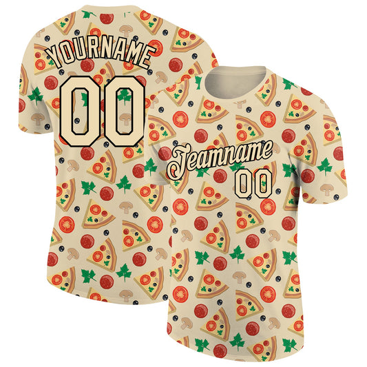 Custom City Cream Black 3D Pattern Design Food Pizza Performance T-Shirt - Main View