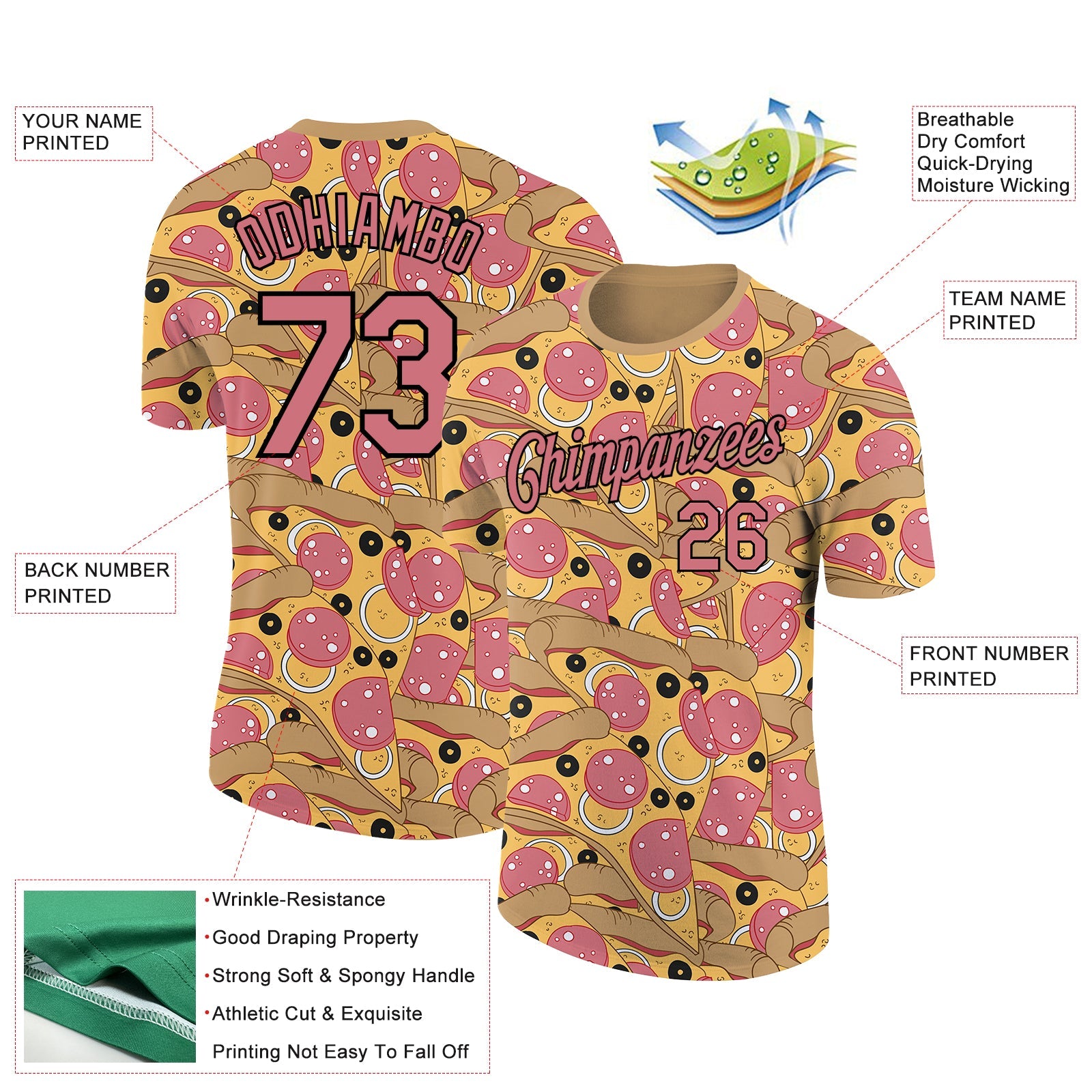 Custom Old Gold Medium Pink-Black 3D Pattern Design Food Pizza Performance T-Shirt view 2