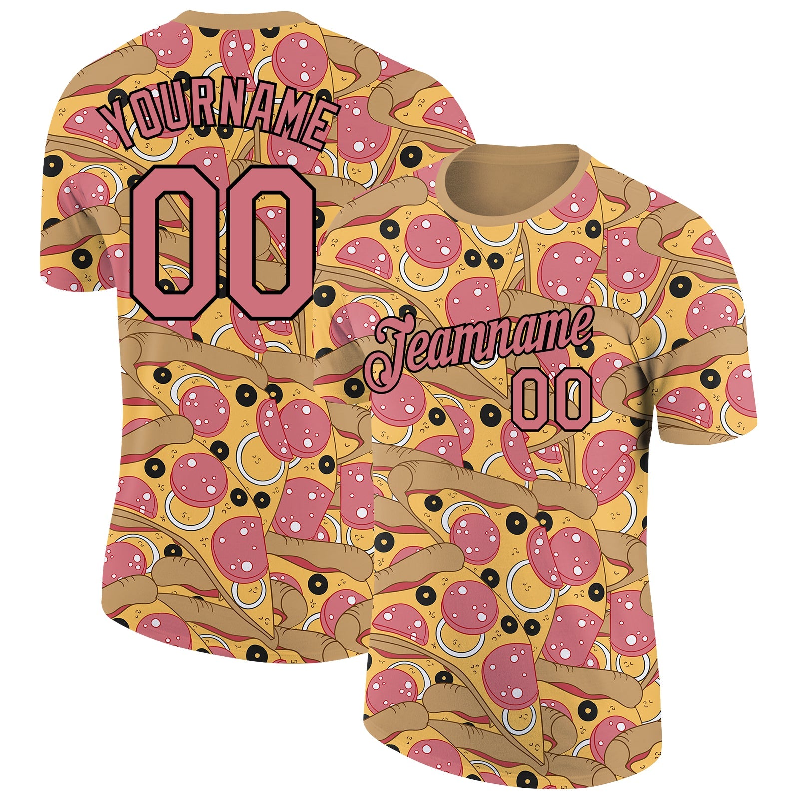 Custom Old Gold Medium Pink-Black 3D Pattern Design Food Pizza Performance T-Shirt - Main View
