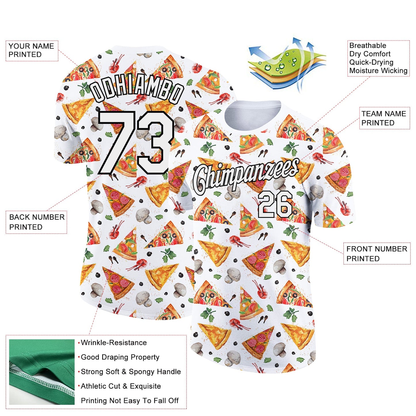 Custom White Black 3D Pattern Design Food Pizza Performance T-Shirt view 2