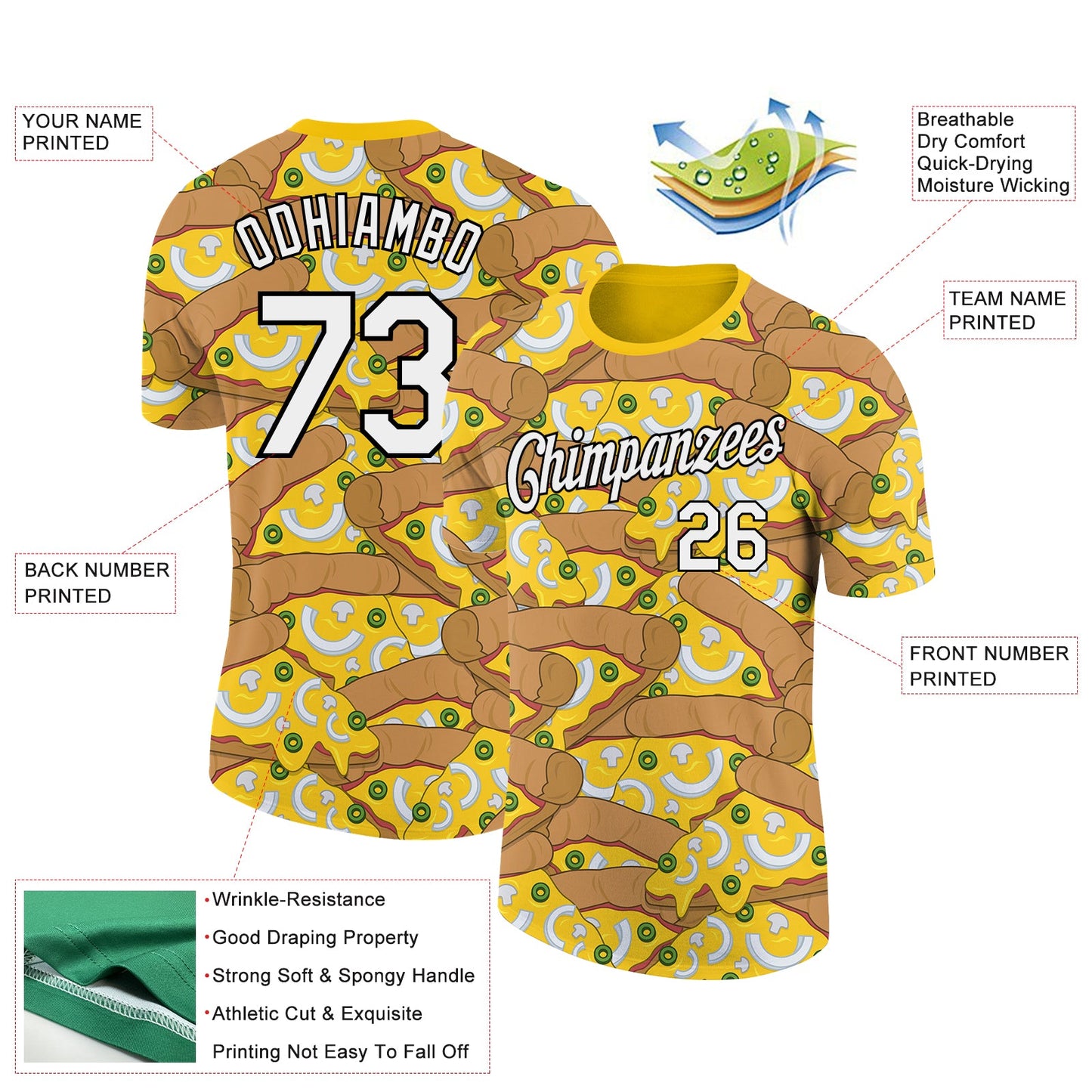 Custom Yellow White-Black 3D Pattern Design Food Pizza Performance T-Shirt view 2