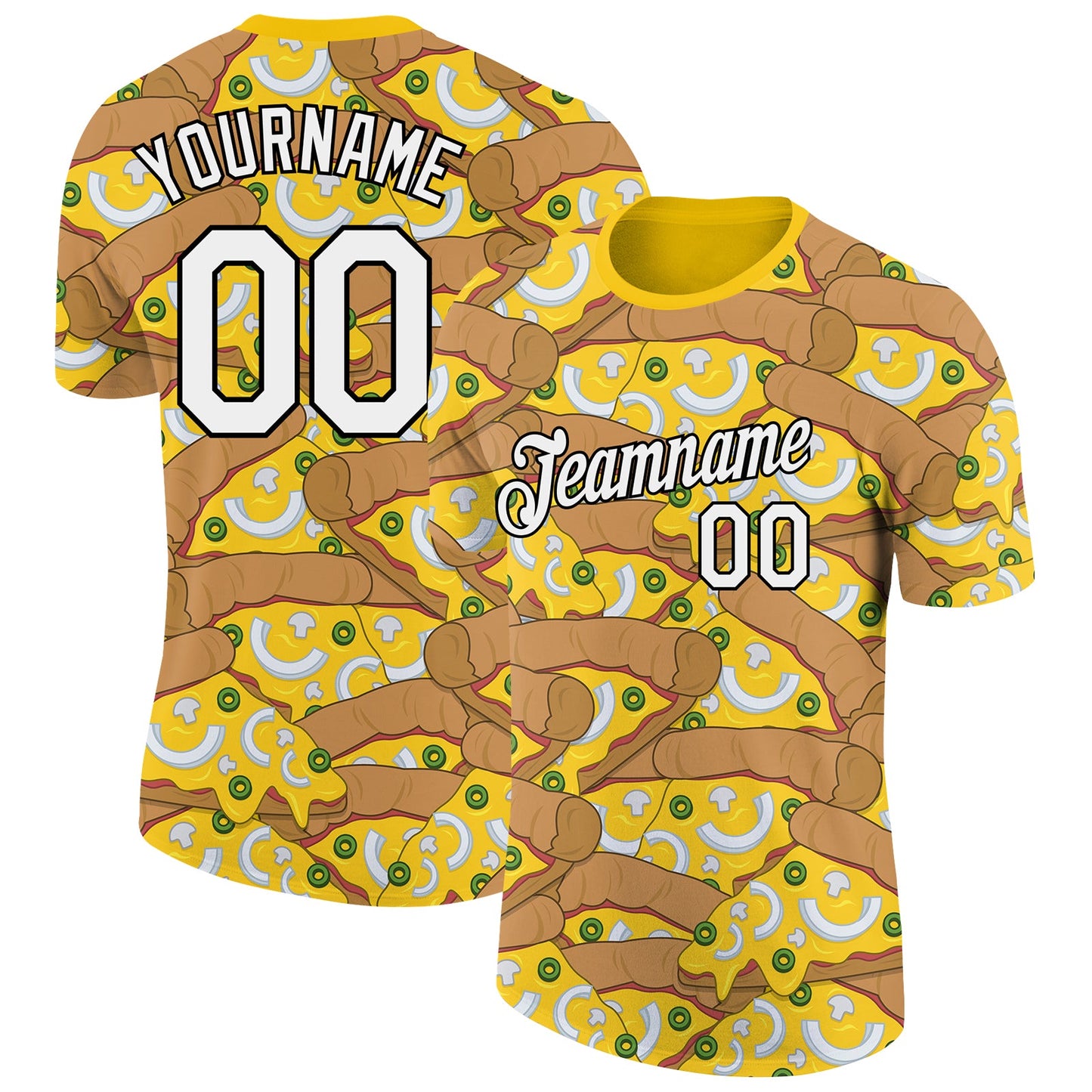 Custom Yellow White-Black 3D Pattern Design Food Pizza Performance T-Shirt - Main View