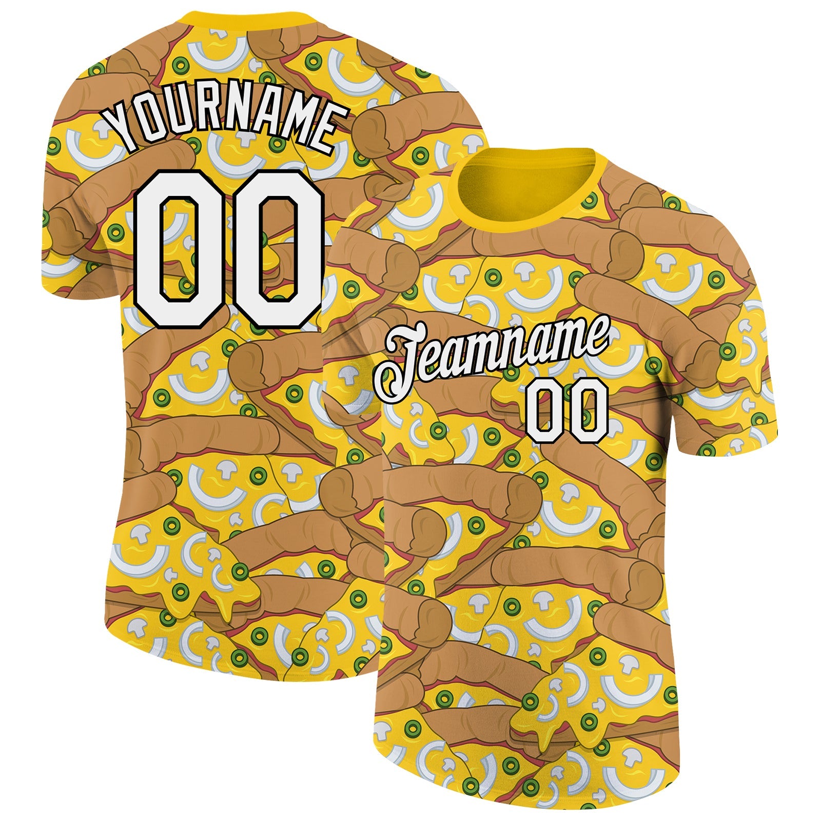 Custom Yellow White-Black 3D Pattern Design Food Pizza Performance T-Shirt - Main View