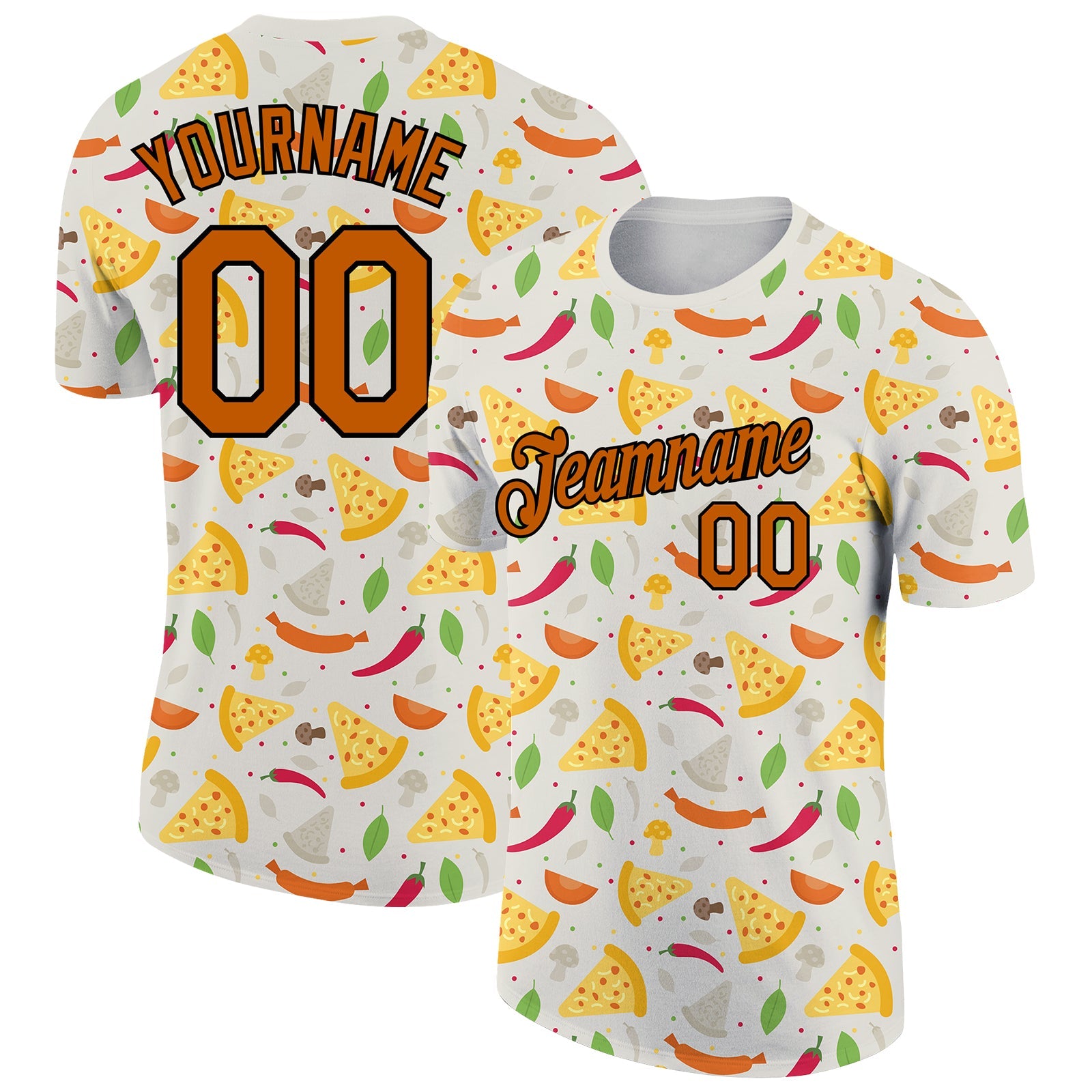 Custom Light Gray Texas Orange-Black 3D Pattern Design Food Pizza Performance T-Shirt - Main View