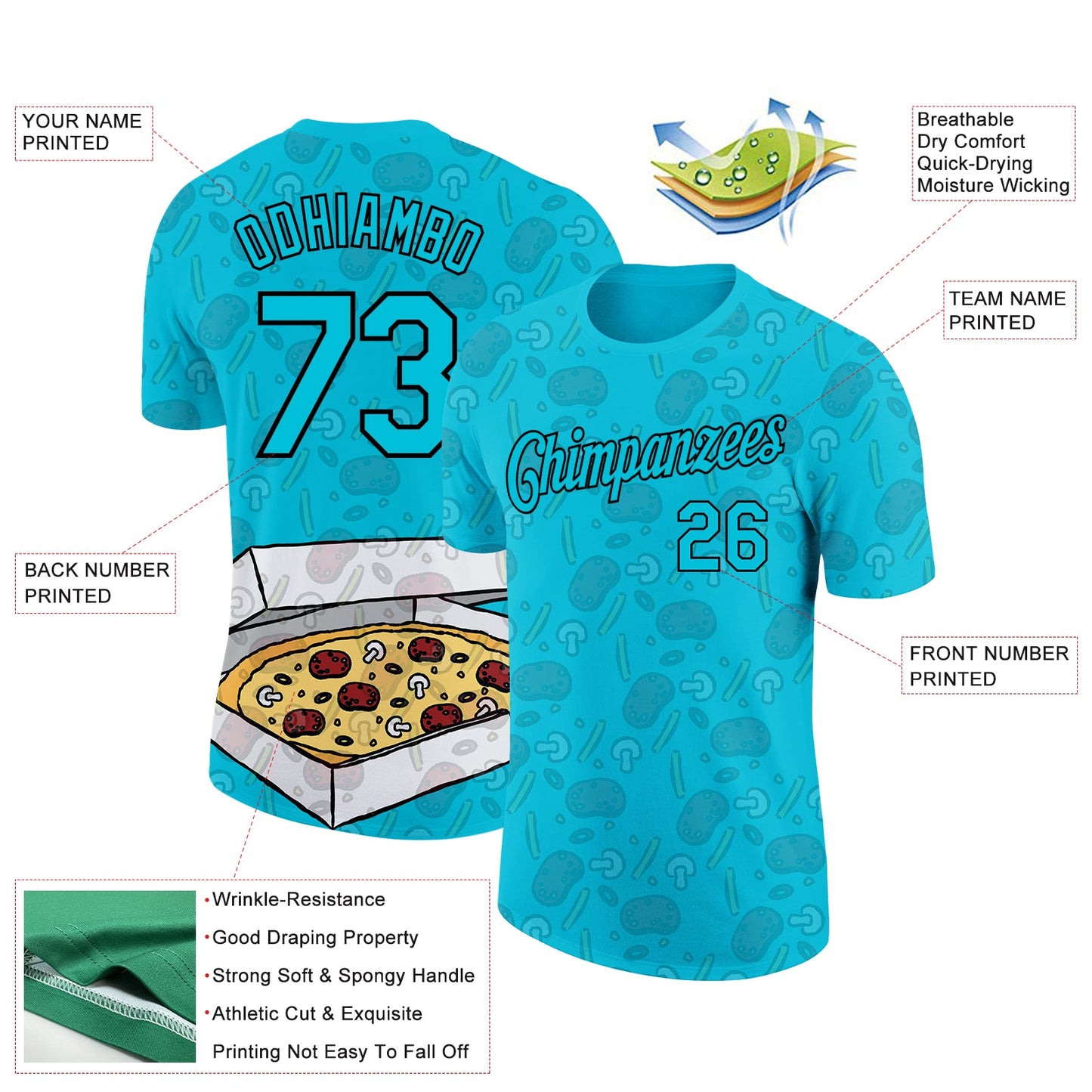 Custom Lakes Blue Black 3D Pattern Design Food Pizza Performance T-Shirt view 2