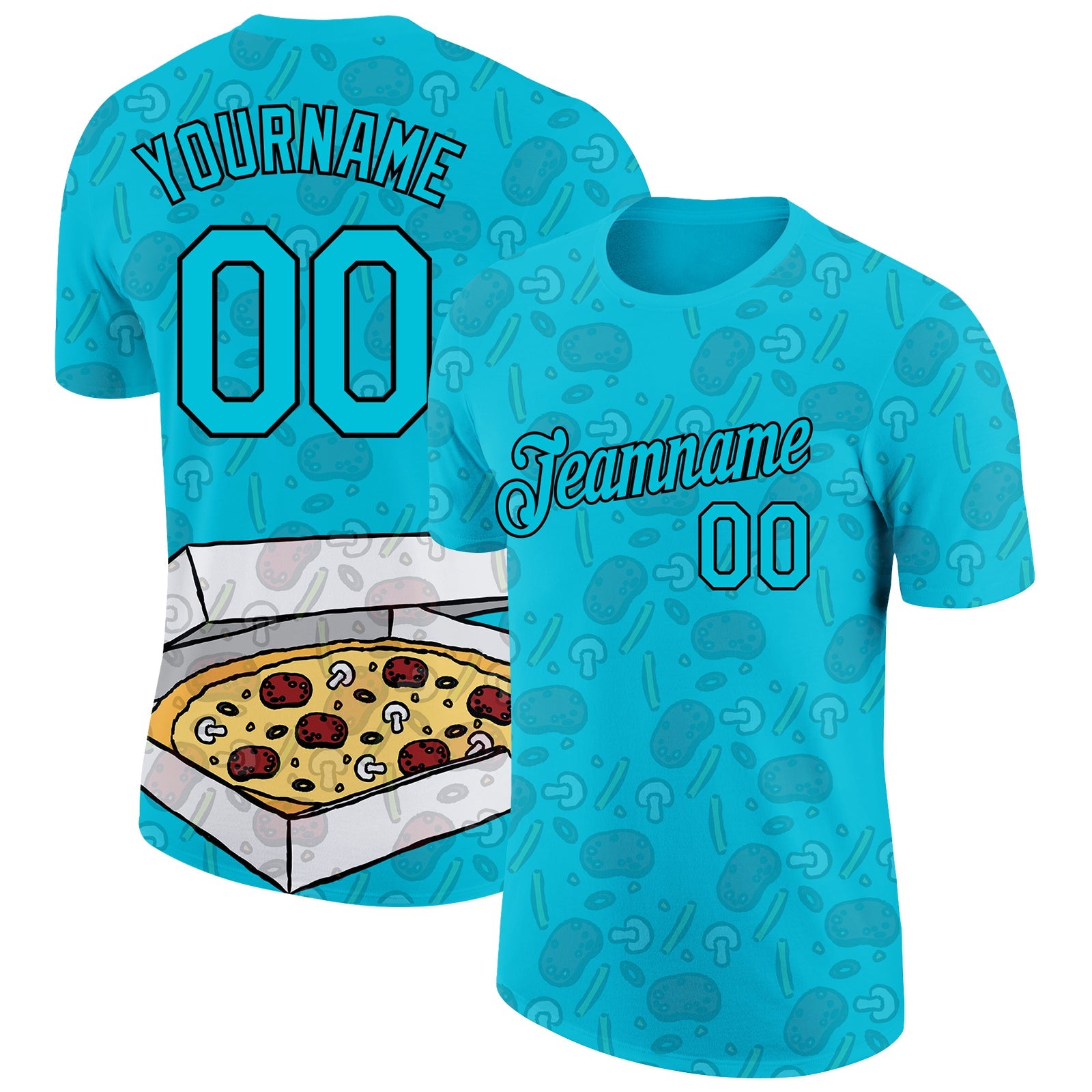 Custom Lakes Blue Black 3D Pattern Design Food Pizza Performance T-Shirt - Main View