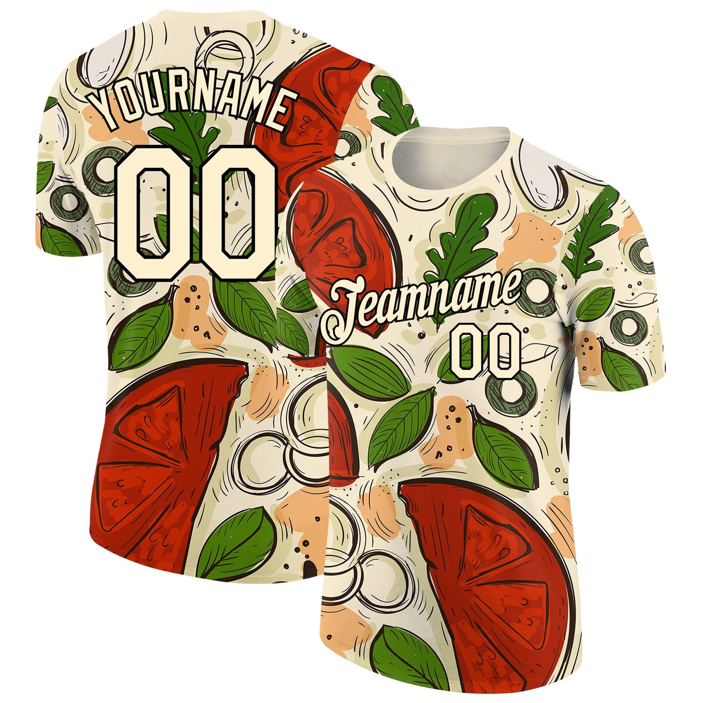 Custom City Cream Black 3D Pattern Design Food Pizza Performance T-Shirt - Main View
