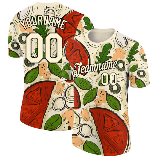 Custom City Cream Black 3D Pattern Design Food Pizza Performance T-Shirt - Main View