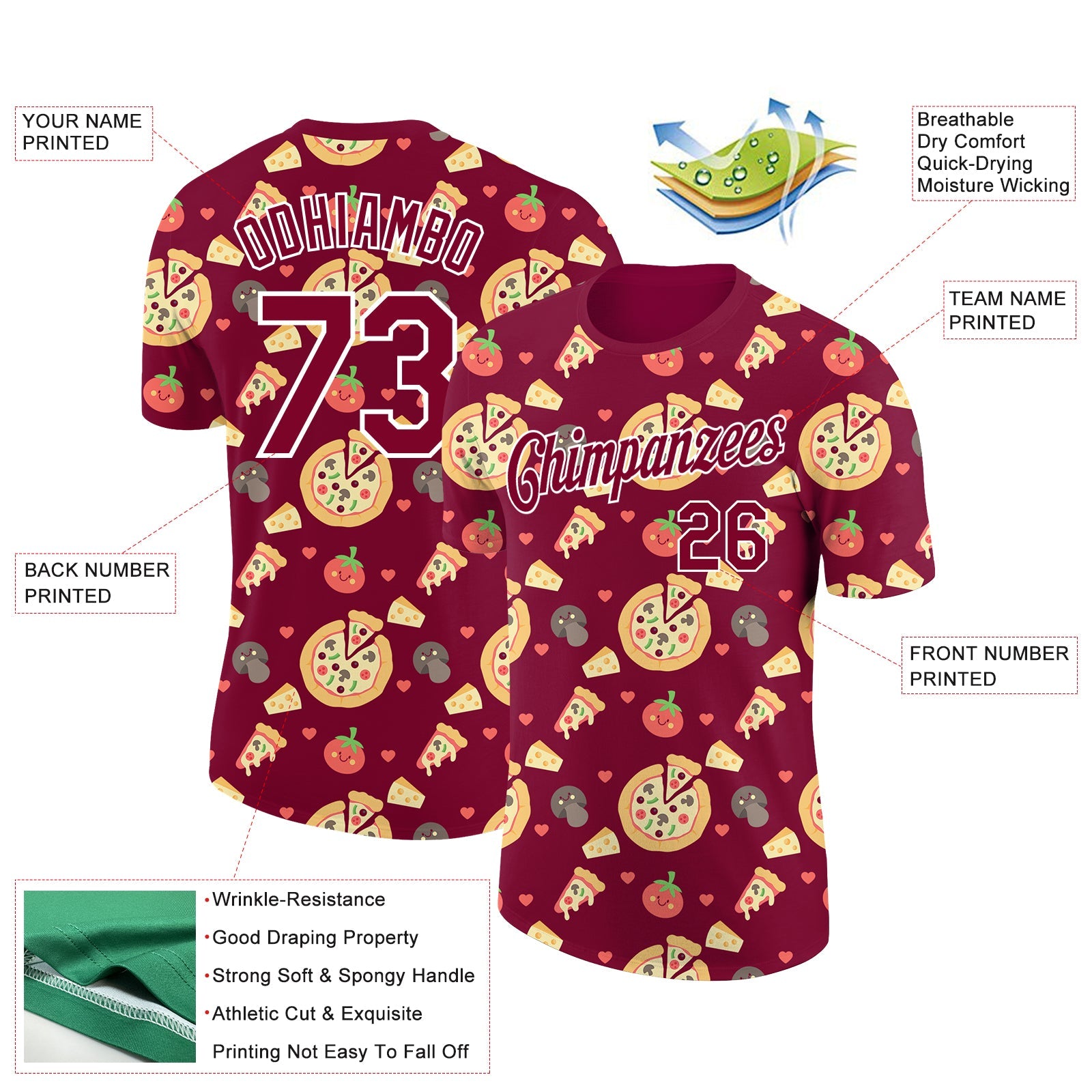 Custom Maroon White 3D Pattern Design Food Pizza Performance T-Shirt view 2