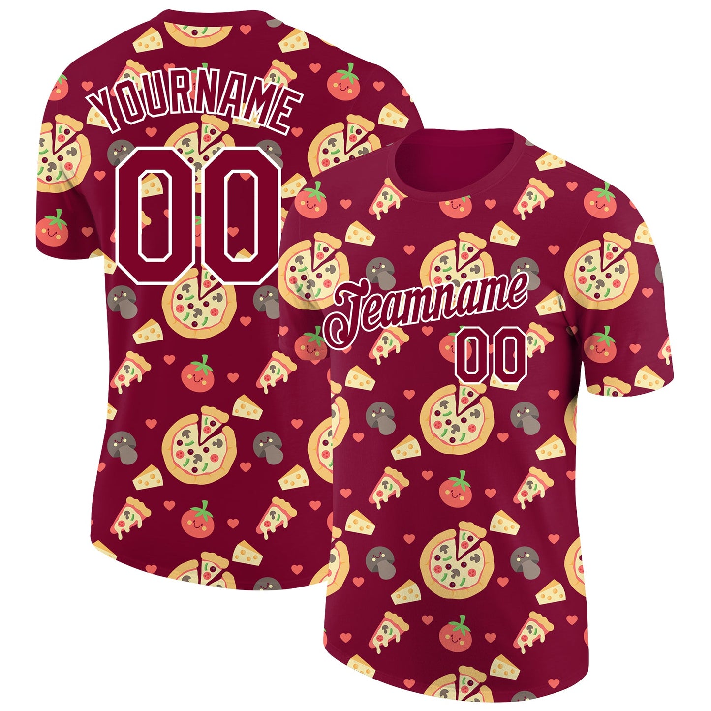 Custom Maroon White 3D Pattern Design Food Pizza Performance T-Shirt - Main View