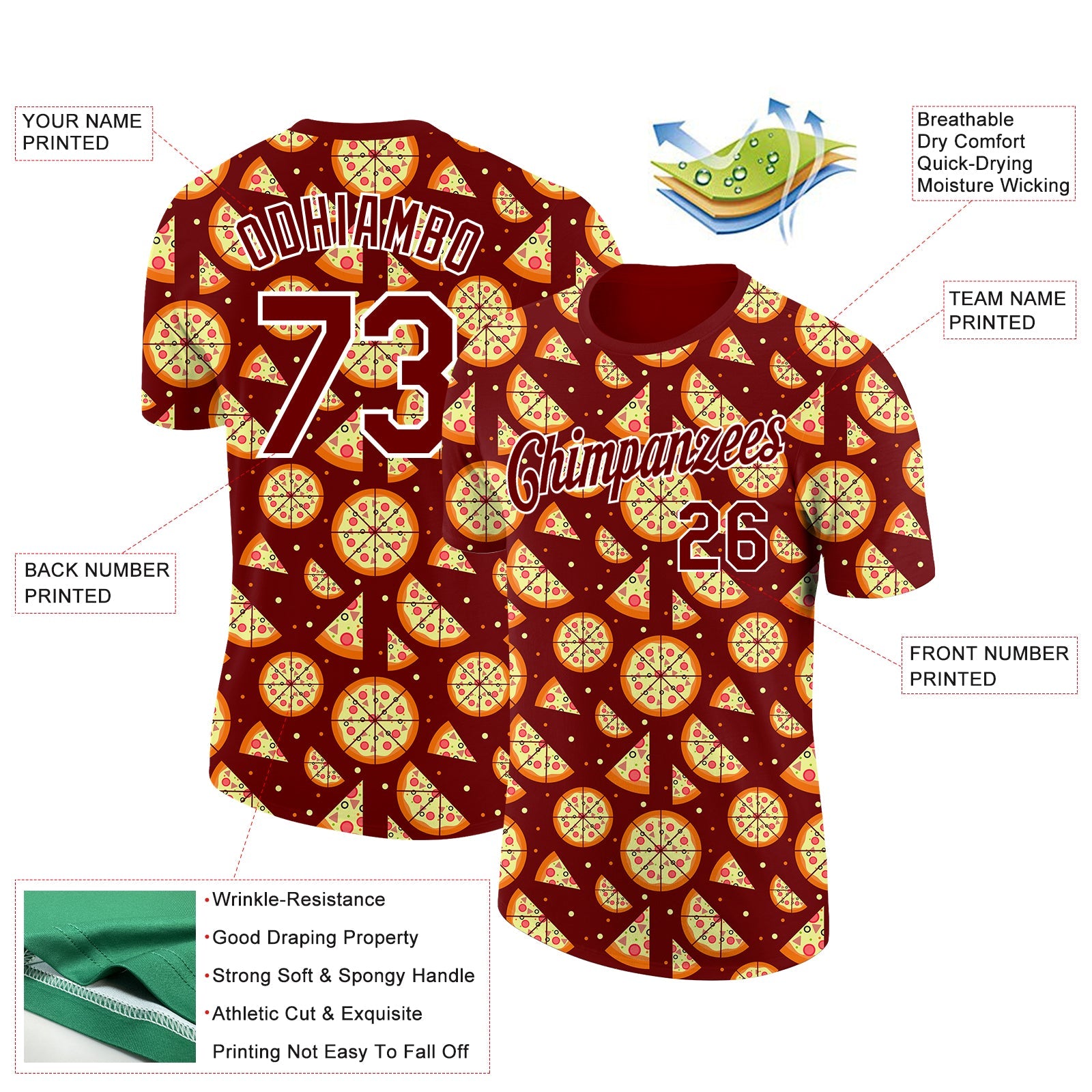 Custom Brown White 3D Pattern Design Food Pizza Performance T-Shirt view 2
