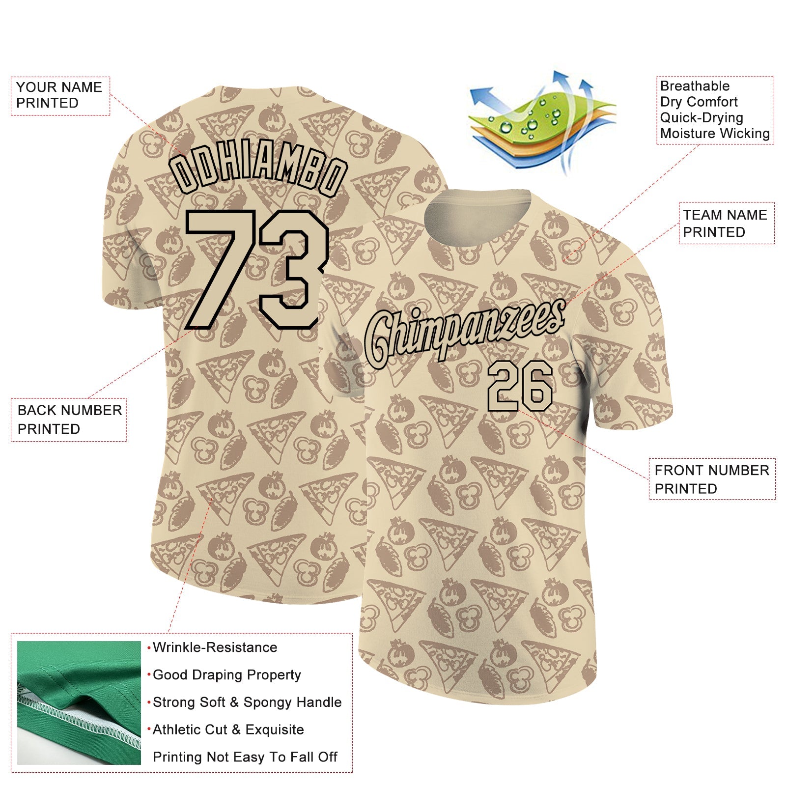 Custom City Cream Black 3D Pattern Design Food Pizza Performance T-Shirt view 2
