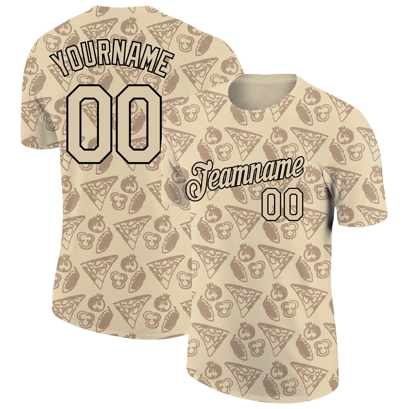 Custom City Cream Black 3D Pattern Design Food Pizza Performance T-Shirt - Main View