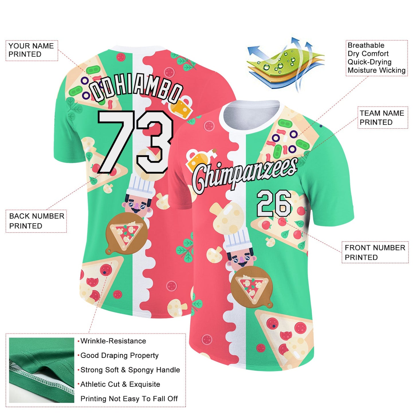 Custom Pea Green Black-Pink 3D Pattern Design Food Pizza Performance T-Shirt view 2