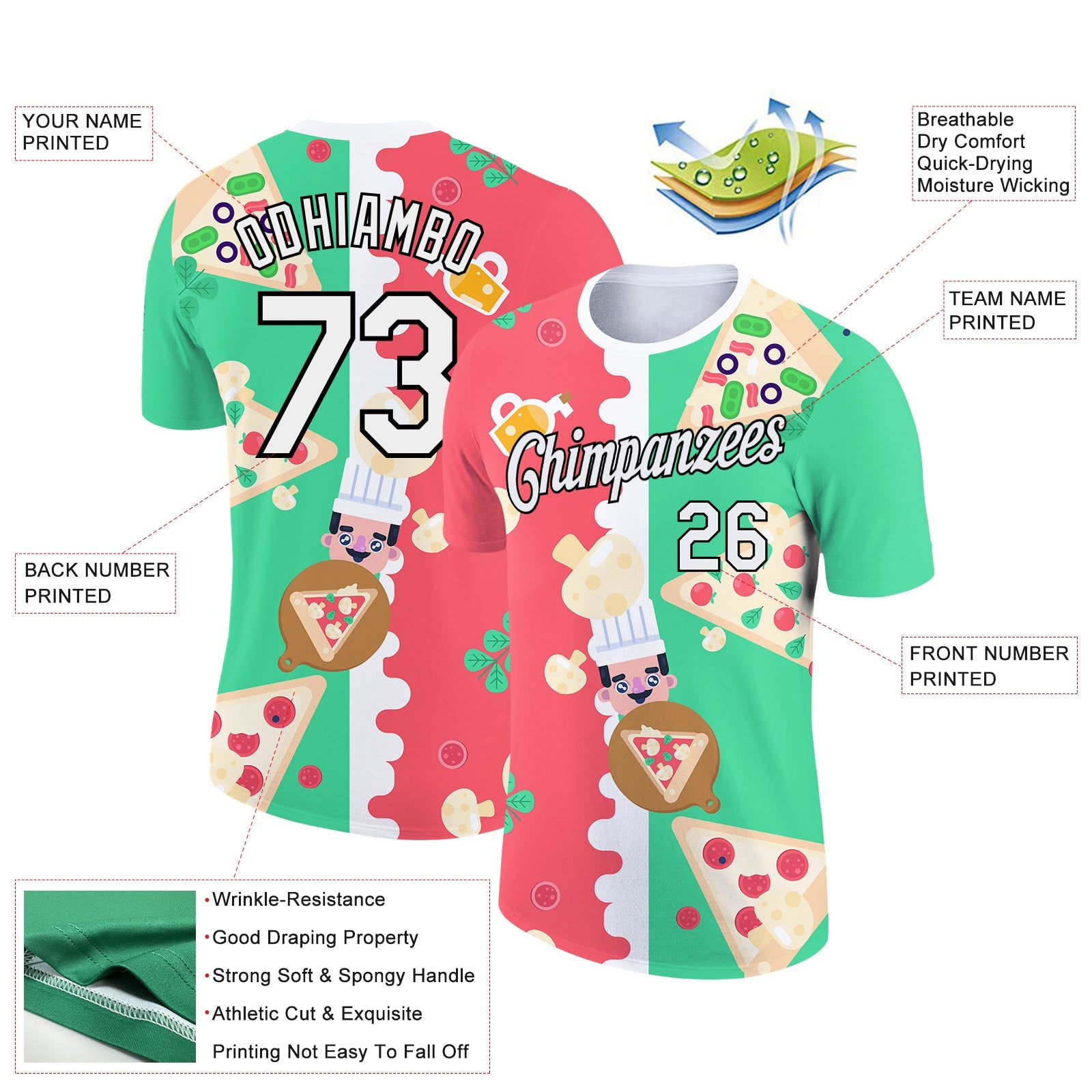 Custom Pea Green Black-Pink 3D Pattern Design Food Pizza Performance T-Shirt view 2