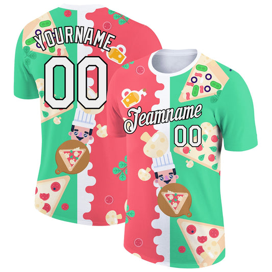 Custom Pea Green Black-Pink 3D Pattern Design Food Pizza Performance T-Shirt - Main View