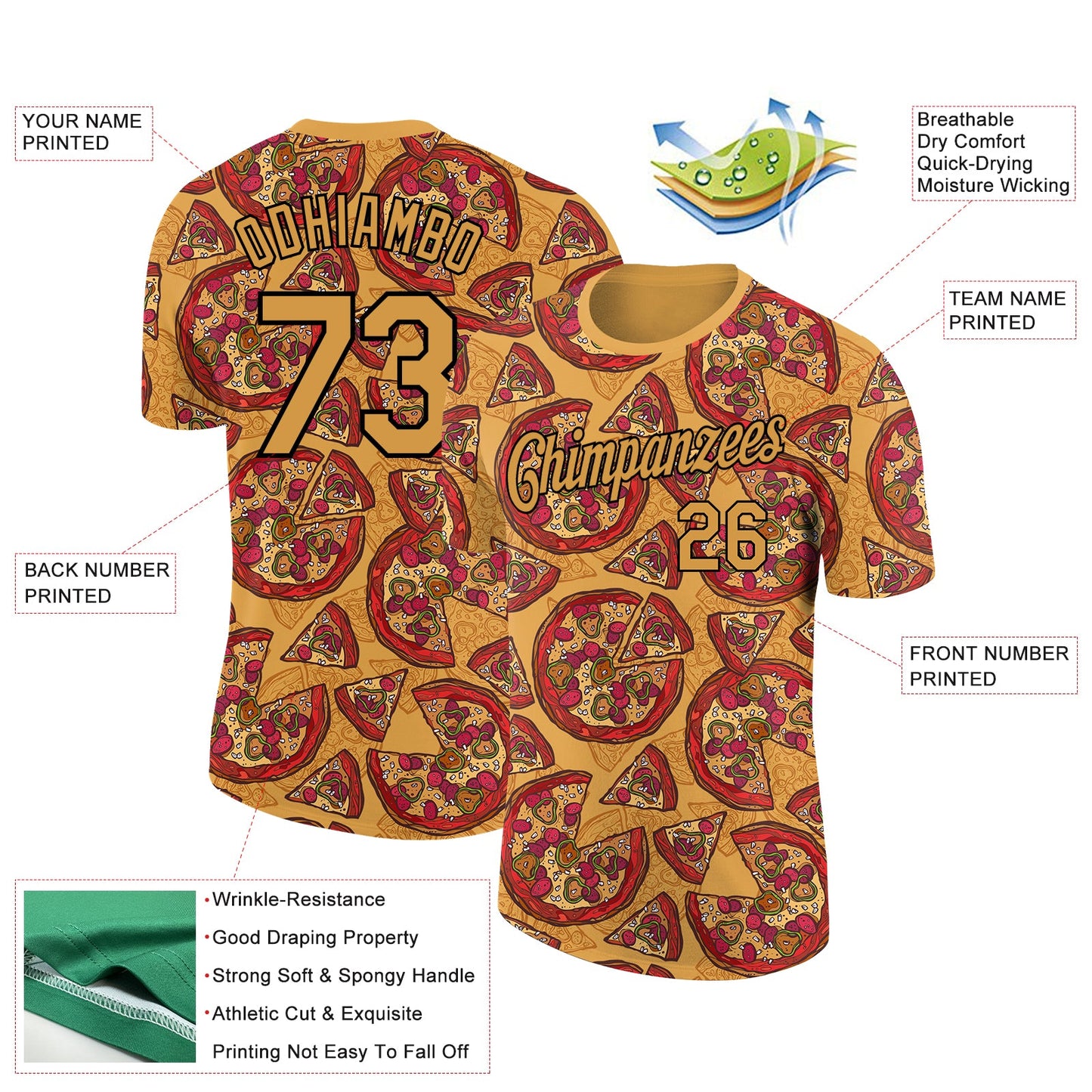 Custom Old Gold Black 3D Pattern Design Food Pizza Performance T-Shirt view 2