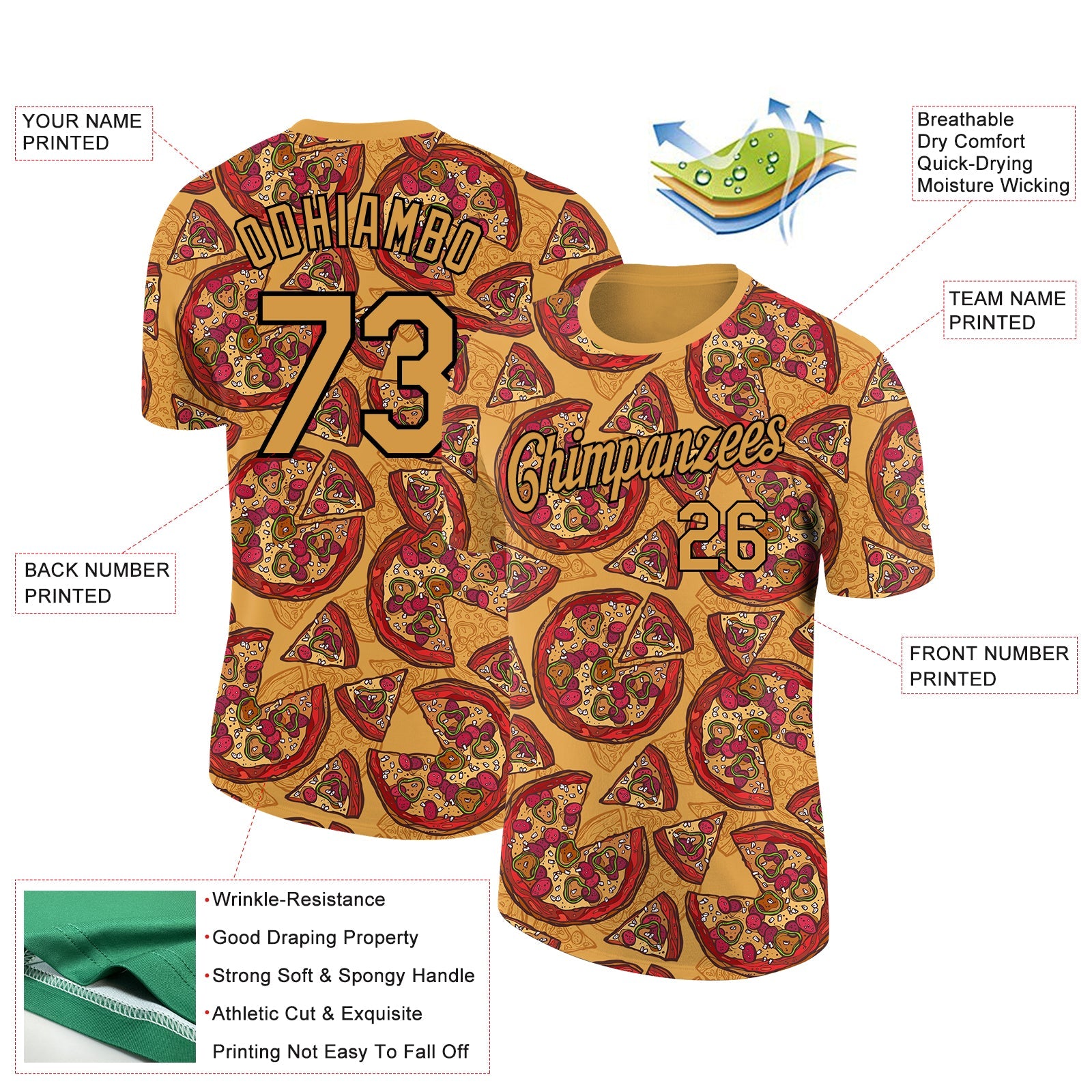 Custom Old Gold Black 3D Pattern Design Food Pizza Performance T-Shirt view 2