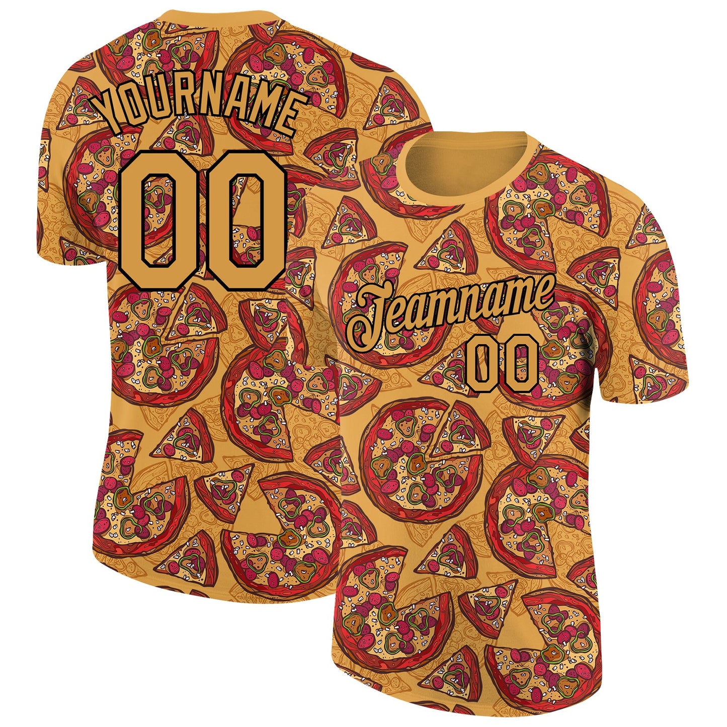 Custom Old Gold Black 3D Pattern Design Food Pizza Performance T-Shirt - Main View