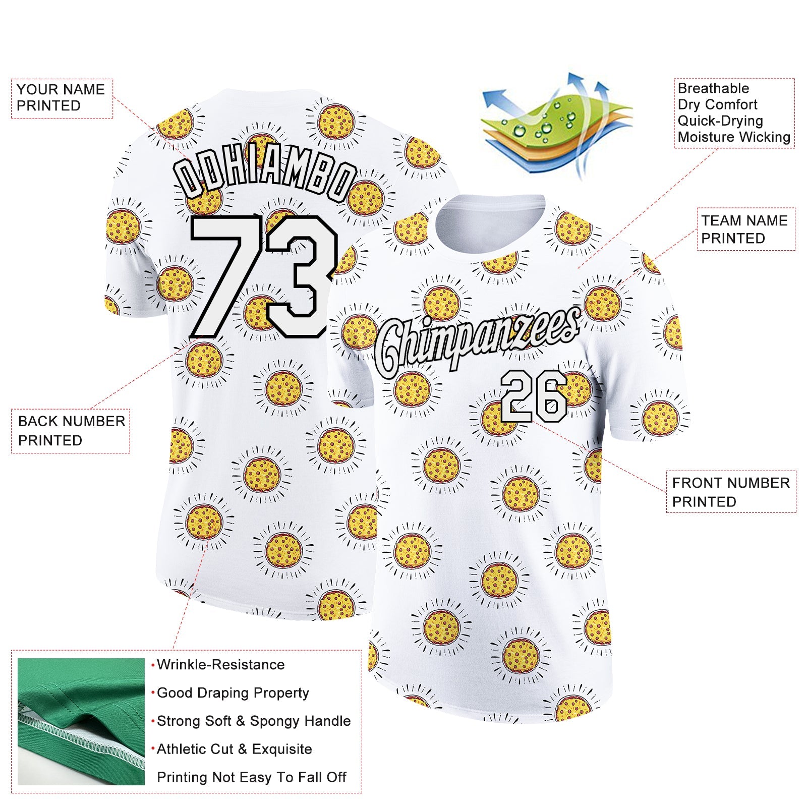 Custom White Black 3D Pattern Design Food Pizza Performance T-Shirt view 2